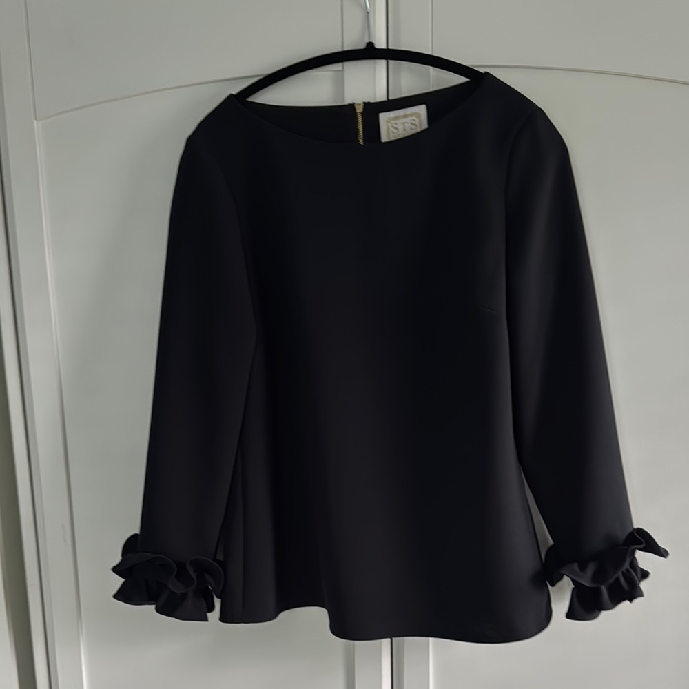 Sail to Sable Black Ruffle Sleeve Top with Gold Zipper
